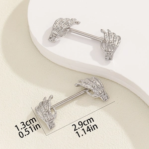 Macro shot of silver skull hand nipple barbells with precise size measurements