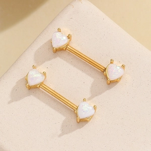 18K gold plated stainless steel heart nipple barbells with white opal stones