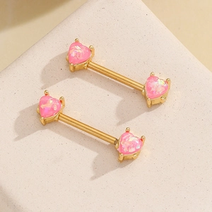 18K gold plated stainless steel nipple rings with pink heart opal stones in barbell design