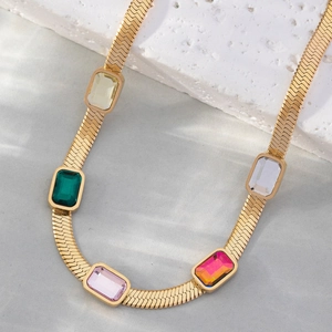 Flat gold-plated stainless steel snake chain bracelet with five multicolored zircons