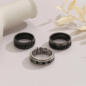 Three-piece retro stainless steel spinner rings for men featuring Roman numerals and chains