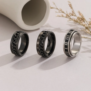 Vintage Stainless Steel Spinner Ring For Men Roman Numerals Rotatable Chain Band Ring Retro Punk Stress Relief Jewelry Accessory