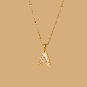 18K gold plated necklace with shell letter A pendant and satellite beaded chain detail