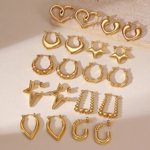 Fashion 18K Gold Plated Stainless Steel Earrings For Women Geometric Heart Star Bamboo Hoop Earrings Elegant Middle East Jewelry