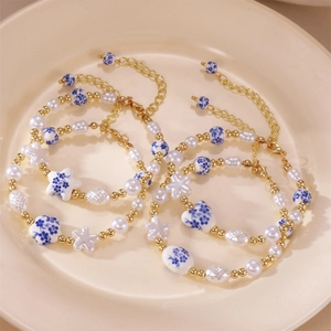 Elegant Chinese blue and white porcelain heart pearl bracelet with floral ceramic beads