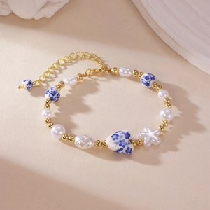 New Chinese style heart blue and white porcelain bead bracelet with pearls and flower