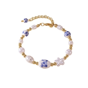 New Chinese style blue and white porcelain heart pearl flower beaded bracelet for women