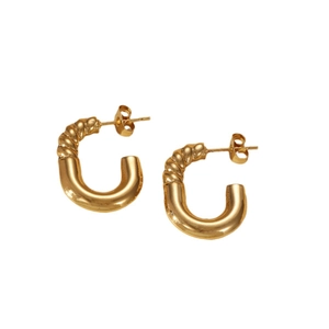 18K gold plated stainless steel U-shaped earrings with twisted texture and mirror finish