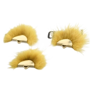 Three yellow faux fur fan-shaped pendants with golden metal bases for DIY earring making