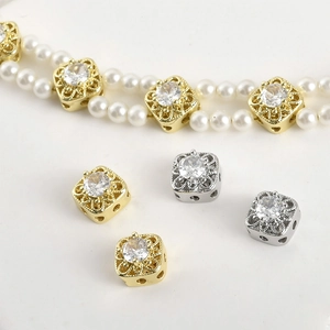 Square gold and silver spacer beads with zircon center for DIY jewelry making