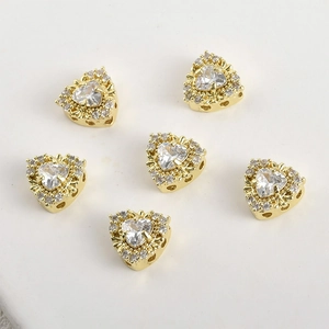 Golden heart-shaped spacer beads with sparkling zircon inlay for DIY jewelry design