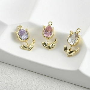 Ciondoli a tulipano in zircone viola rosa e bianco placcati oro 14k per gioielli fai da te
