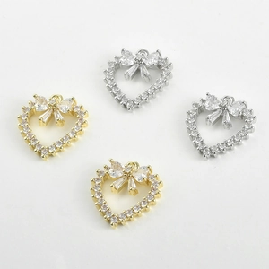14k gold plated heart pendant with zircon bow accent for DIY jewelry making