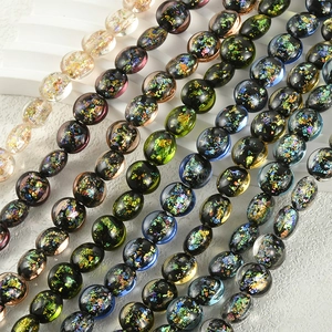 Flat oval lampwork glass beads with colorful foil inserts for DIY jewelry making