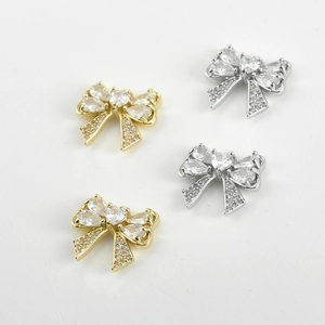 Sparkling 14k gold plated bow and heart pendant with zircon stones for DIY jewelry making