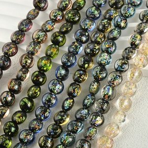 Flat round glass beads with gold foil colorful opal style for DIY jewelry making