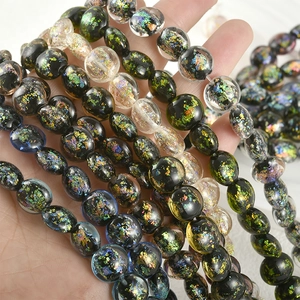 Flat round opal foil glass beads with colorful metallic flakes for DIY jewelry making