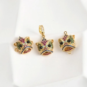 Colgantes cabeza de león bañados en oro de 18k con circonitas de colores para DIY