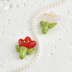 Handmade glass tulip flower beads in red and purple for DIY jewelry making