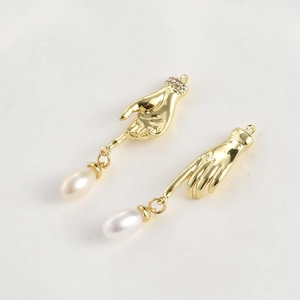 14k gold plated hand-shaped pendant earrings with white pearl and sparkling zircon accents