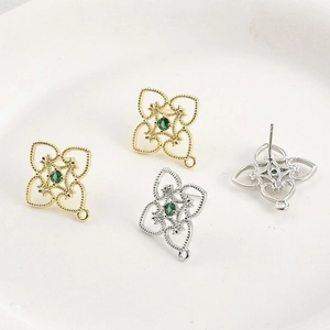 14k gold plated four-leaf clover stud earring components with green zircon and loop