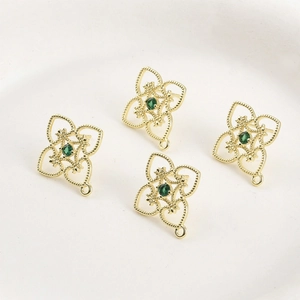 14k gold plated four-leaf clover stud earring components with green zircon for DIY jewelry