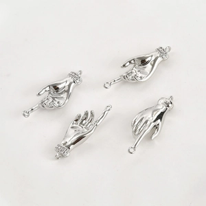 Polished silver palm-shaped charm pendants with pavé zircon wrist details for jewelry making