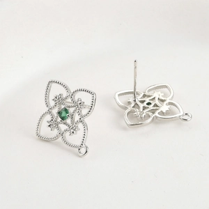 14k gold plated four-leaf clover stud earrings with green zircon and hanging loop