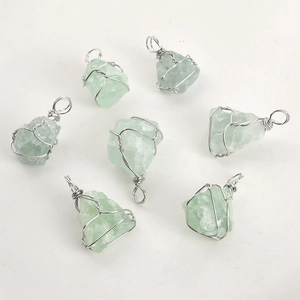 Handmade silver wire-wrapped raw green crystal stone pendants for jewelry making