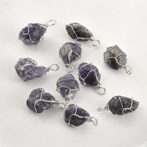 Set of ten handmade amethyst pendants with intricate silver wire wrapping and top loops