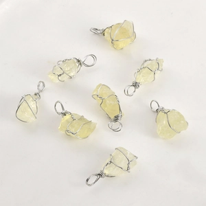 Set of 8 handmade silver wire-wrapped raw yellow crystal gemstone pendant charms