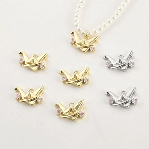 Copper 14k Gold Plated Origami Thousand Paper Crane Pendants With Pink Zirconia For DIY Jewelry Making Accessories
