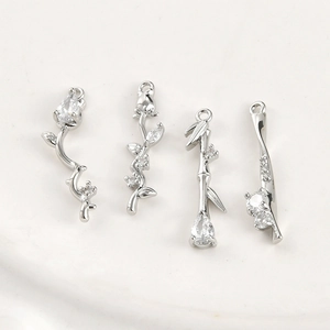 Silver flower and bamboo pendants with cubic zirconia for DIY jewelry making