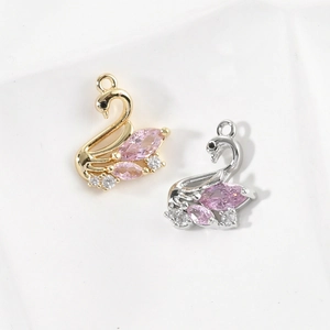 14k gold plated swan charms with pink marquise crystals for DIY jewelry making