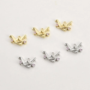 14k gold-plated origami crane pendants with pink zircon stones for DIY jewelry making