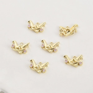 6pcs 14k gold plated paper crane pendants with pink zircon for DIY jewelry making