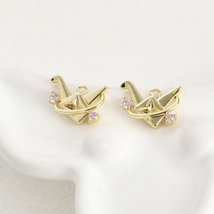 14k gold-plated origami crane charms with pink cubic zirconia for DIY jewelry making