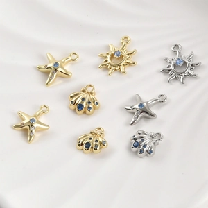 14K Gold Plated Copper Sea Blue Zirconia Shell Starfish Sun DIY Jewelry Charms Pendants For Bracelet Necklace Crafting