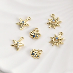 14k gold plated starfish shell and sun pendants with blue zircon for DIY jewelry