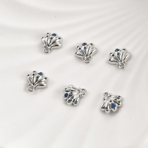 Set of six silver scallop shell charms with blue zircon stones for DIY jewelry making