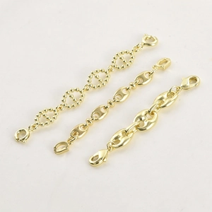 Three styles of 14k gold plated extender chains with spring and lobster clasps for DIY jewelry