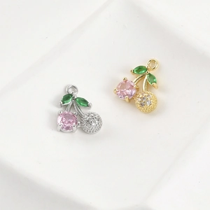 Exquisite 14k gold plated cherry pendants with pink zircon and green marquise leaves