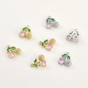 Exquisite 14k gold plated cherry pendants with pink zircon and green marquise gems