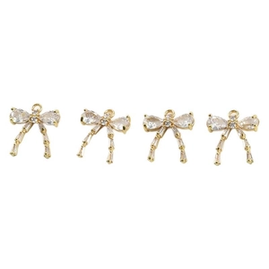 Set of four 14k gold-plated bow pendants with cubic zirconia for DIY jewelry making