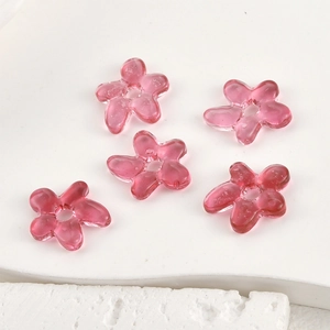 Pink translucent glass flower beads with five petals for DIY jewelry making