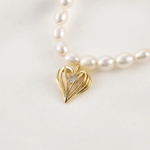 14k gold plated hollow heart charm with zircon on elegant freshwater pearl necklace