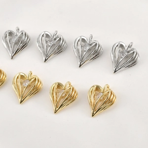 Hollow heart-shaped 14k gold plated pendants with cubic zirconia for DIY jewelry making