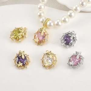 14k gold plated oval leaf pendant with sparkling zircon for DIY necklaces and bracelets