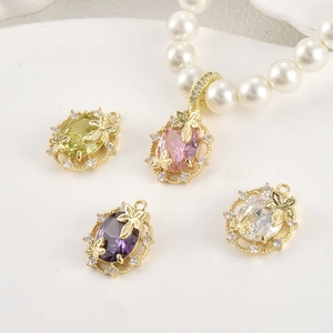 DIY Jewelry Making Pendants Sparkling Zirconia Oval Leaf Design Copper 14K Gold Plated Accessories For Necklace Bracelet Earrings