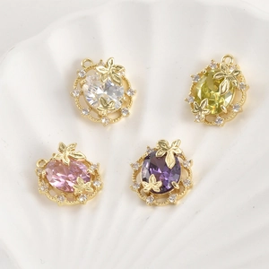 14k gold plated oval gemstone leaf pendants with sparkling zircon in four colors
